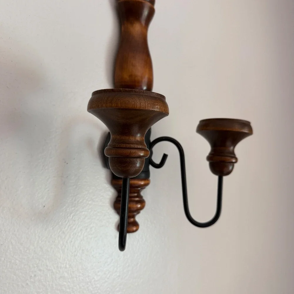 Vintage Turned Wood Wall Sconce Double Candle Holder Spindle Farmhouse